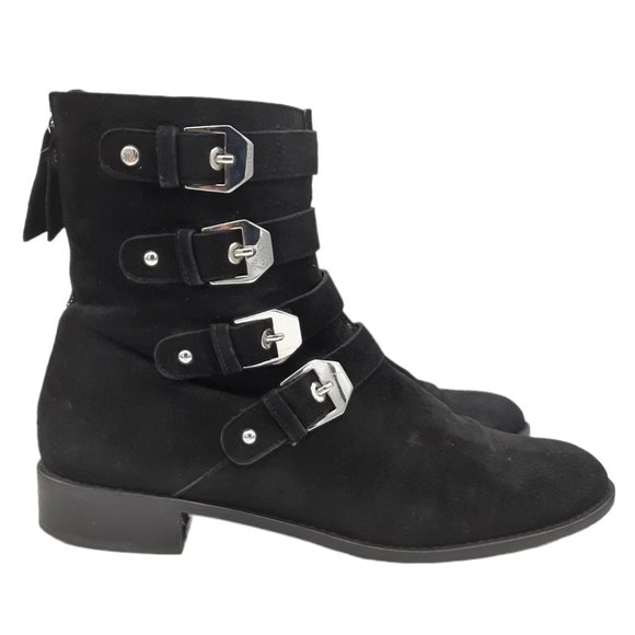 Stuart Weitzman Jitterbug Moto Black Suede Buckle Boots - Picture 1 of 16